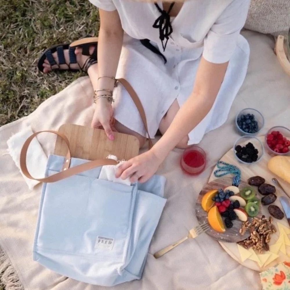 Feed Tote Bag Canvas Glacier Grey Tan Leather Gold Hardware Handbag No Closure